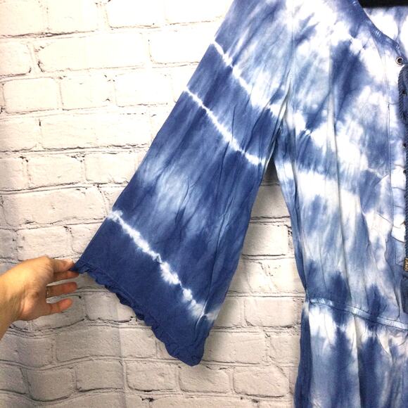 American Eagle Outfitters Tie Dye Ruffle Flare Sleeve V-Neck Lace Up Romper M - Picture 3 of 16